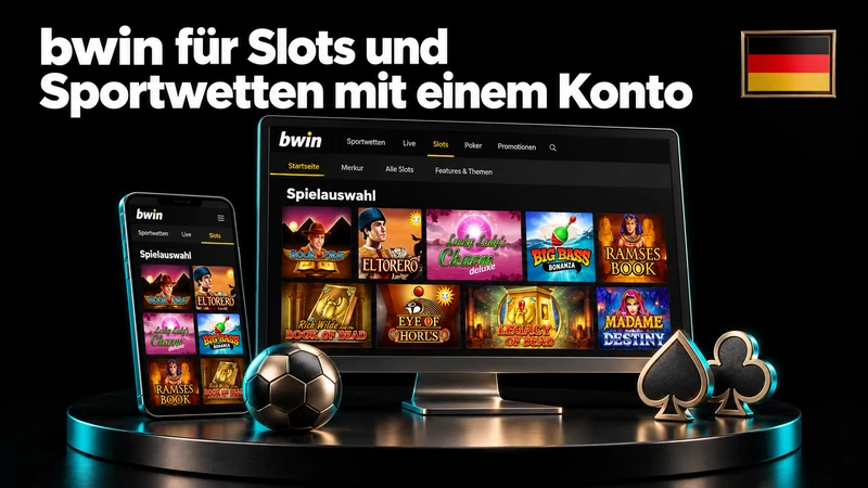 Deutschsprachige bwin-Spielauswahl in einer schwarzen Studiokomposition mit deutscher Flagge