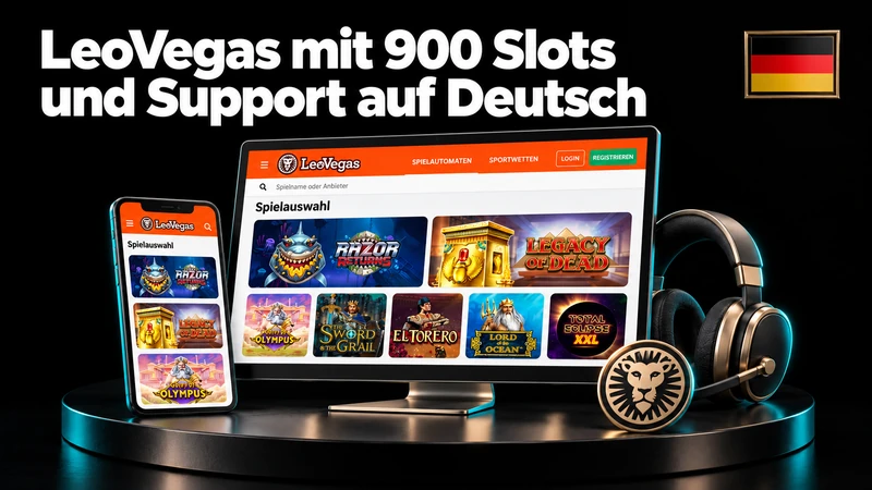 Deutschsprachige LeoVegas-Spielauswahl in einer schwarzen Studiokomposition mit deutscher Flagge