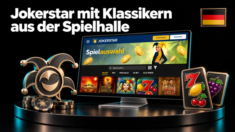 Deutschsprachige Jokerstar-Spielauswahl in einer schwarzen Studiokomposition mit deutscher Flagge