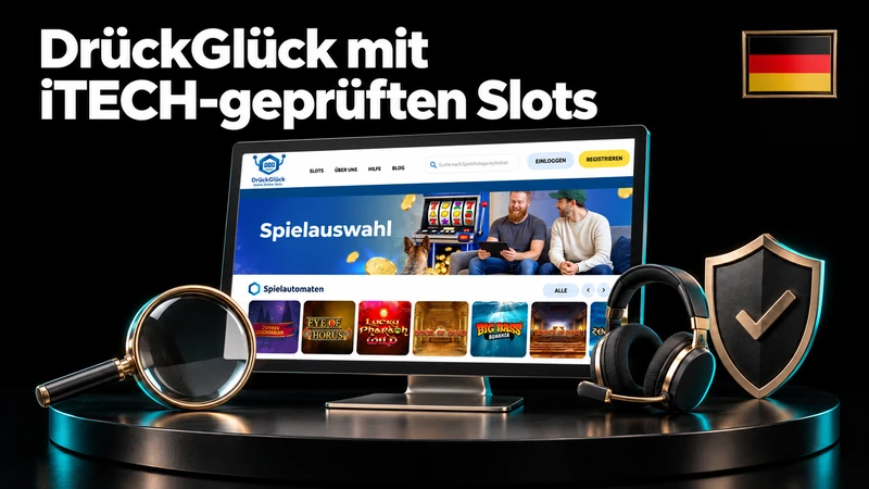 Deutschsprachige DrückGlück-Spielauswahl in einer schwarzen Studiokomposition mit deutscher Flagge