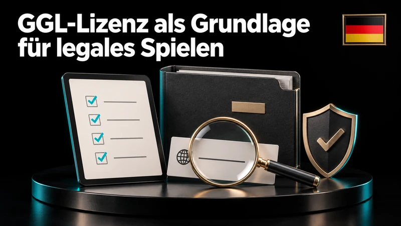 Lizenzprüfung mit Domainkarte, Checkliste und deutscher Flagge auf schwarzem Hintergrund