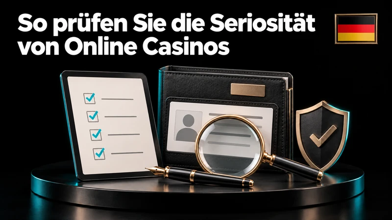 Checkliste zur Anbieterkontrolle mit Ausweis, Lupe, Schutzschild und Deutschlandflagge