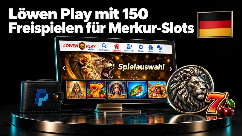 Löwen-Play-Spielauswahl mit Löwenmedaillon, PayPal-Geldbörse und deutscher Flagge
