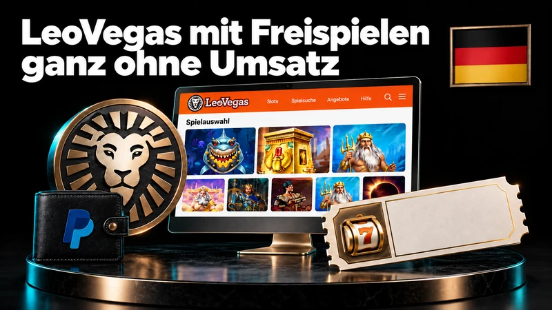 LeoVegas-Slotangebot mit Löwenemblem, Freispielticket und PayPal-Geldbörse