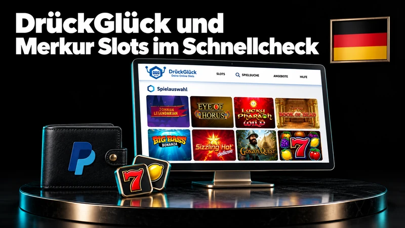 DrückGlück-Lobby mit Slotmotiven und PayPal-Geldbörse auf schwarzem Podest