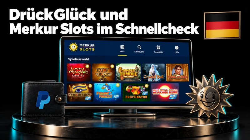 Merkur-Slots-Lobby mit Sonnenemblem, PayPal-Geldbörse und deutscher Flagge