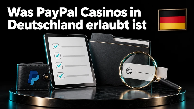 Prüfung von Domain und Erlaubnis mit Dokumenten, Lupe, PayPal-Geldbörse und deutscher Flagge