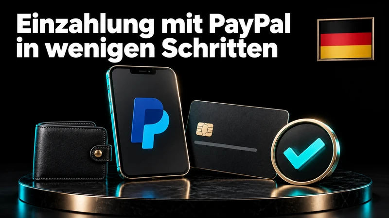 PayPal-Zahlung mit Smartphone, neutraler Bankkarte und Bestätigungssymbol auf schwarzem Podest