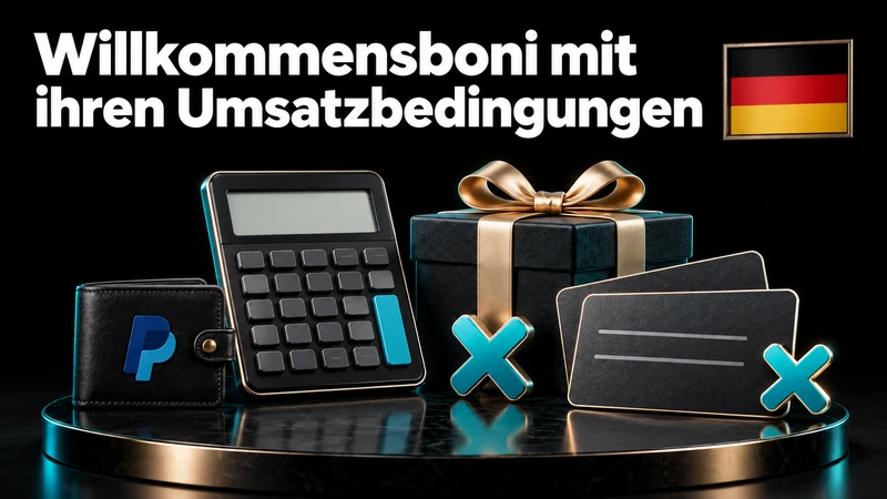 Bonusbedingungen mit Rechner, Geschenkbox, Budgetkarten und PayPal-Geldbörse im schwarzen Serienlook
