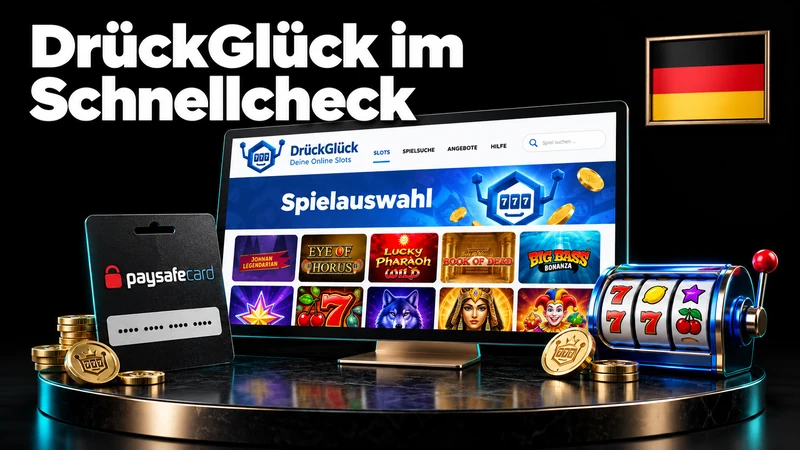 DrückGlück Lobby mit blauer Slotmaschine und Prepaid-Gutschein