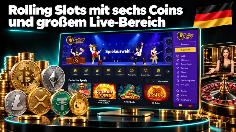 Rolling-Slots-Oberfläche mit sechs Coins und Live-Roulette