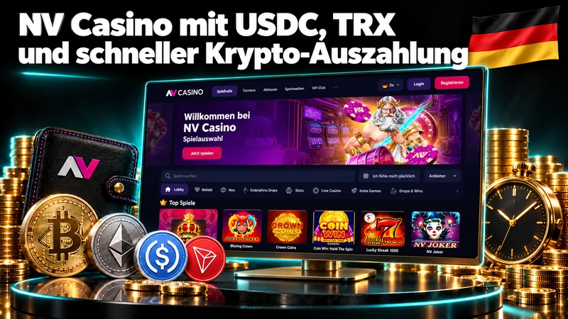 NV-Casino-Oberfläche mit USDC, Tron, Wallet und Uhr