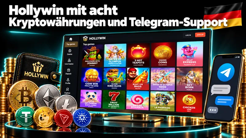 Hollywin-Spiellobby mit Kryptowährungen und Telegram-Kontakt
