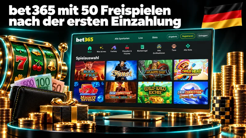 bet365 mit 50 Freispielen nach der ersten Einzahlung – Illustration mit Deutschlandflagge